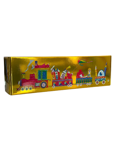 Il trenino dei sogni felici di Francesco Musante, scultura in resina in edizione limitata con treno fantastico, personaggi e dettagli colorati.