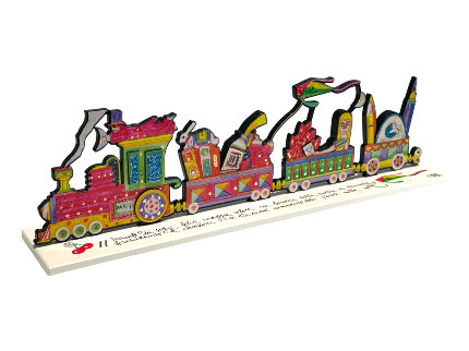 Il trenino dei sogni felici di Francesco Musante, scultura in resina in edizione limitata con treno fantastico, personaggi e dettagli colorati.