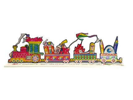 Il trenino dei sogni felici di Francesco Musante, scultura in resina in edizione limitata con treno fantastico, personaggi e dettagli colorati.
