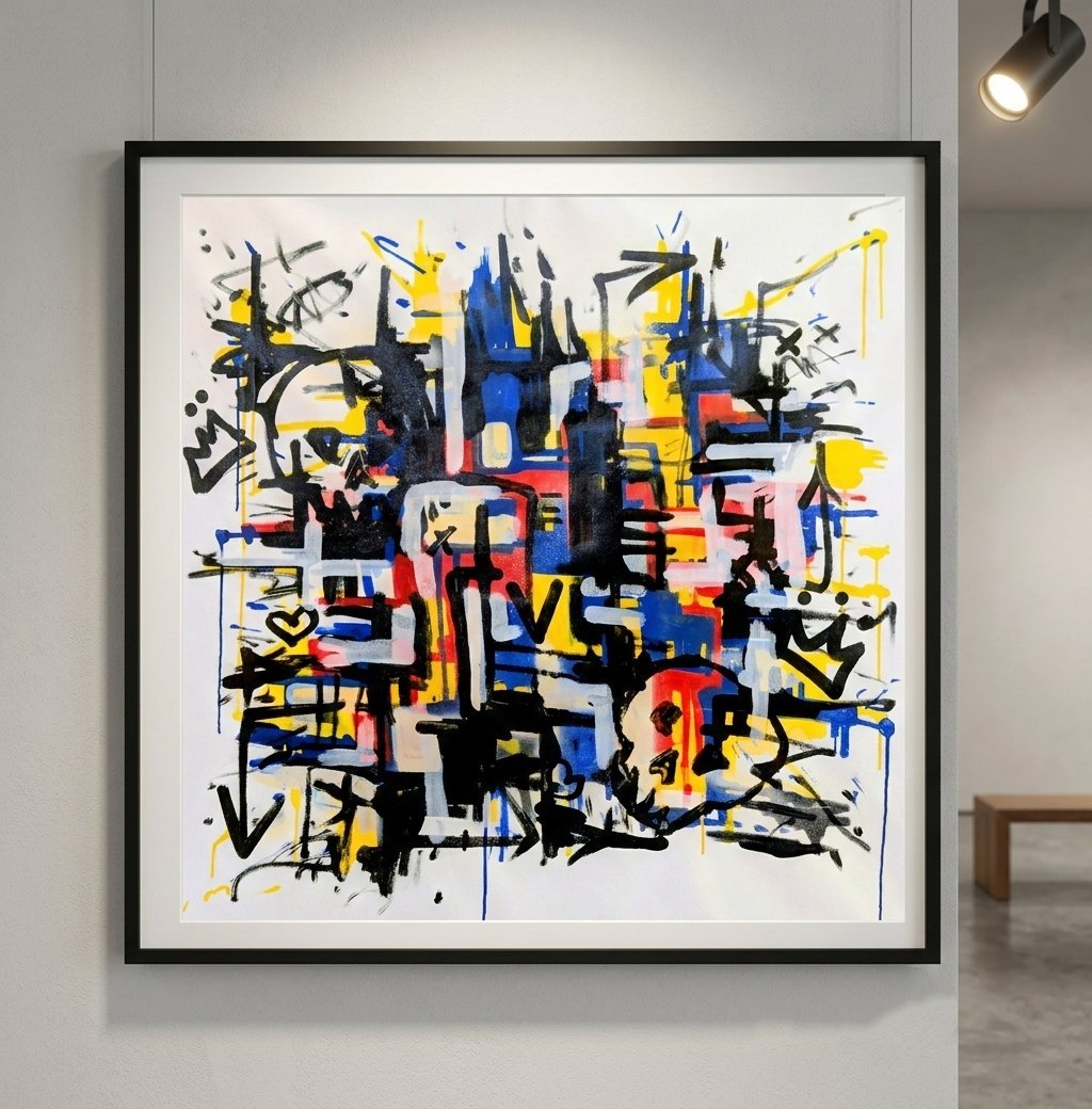 Quadro Street Art "Untamed Lines" di Omhie - Neo-Espressionismo Astratto 90x90 cm - Opera Originale Materica Mixed Media